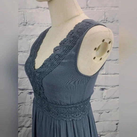 Rebellion Again Ruffled Boho Lace Maxi Dress V-Neck Dark Blue Rayon Y2K Size  XS - Picture 5 of 16